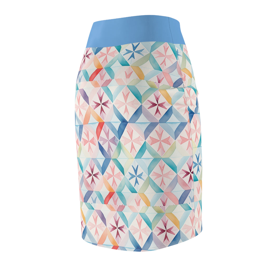 Pastel Geometric Pencil Skirt — Watercolor Tile Print, High-Waist Summer Workwear