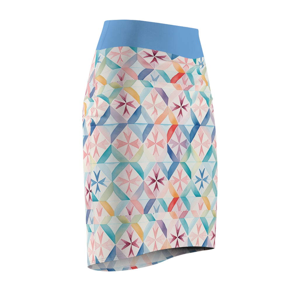 Pastel Geometric Pencil Skirt — Watercolor Tile Print, High-Waist Summer Workwear