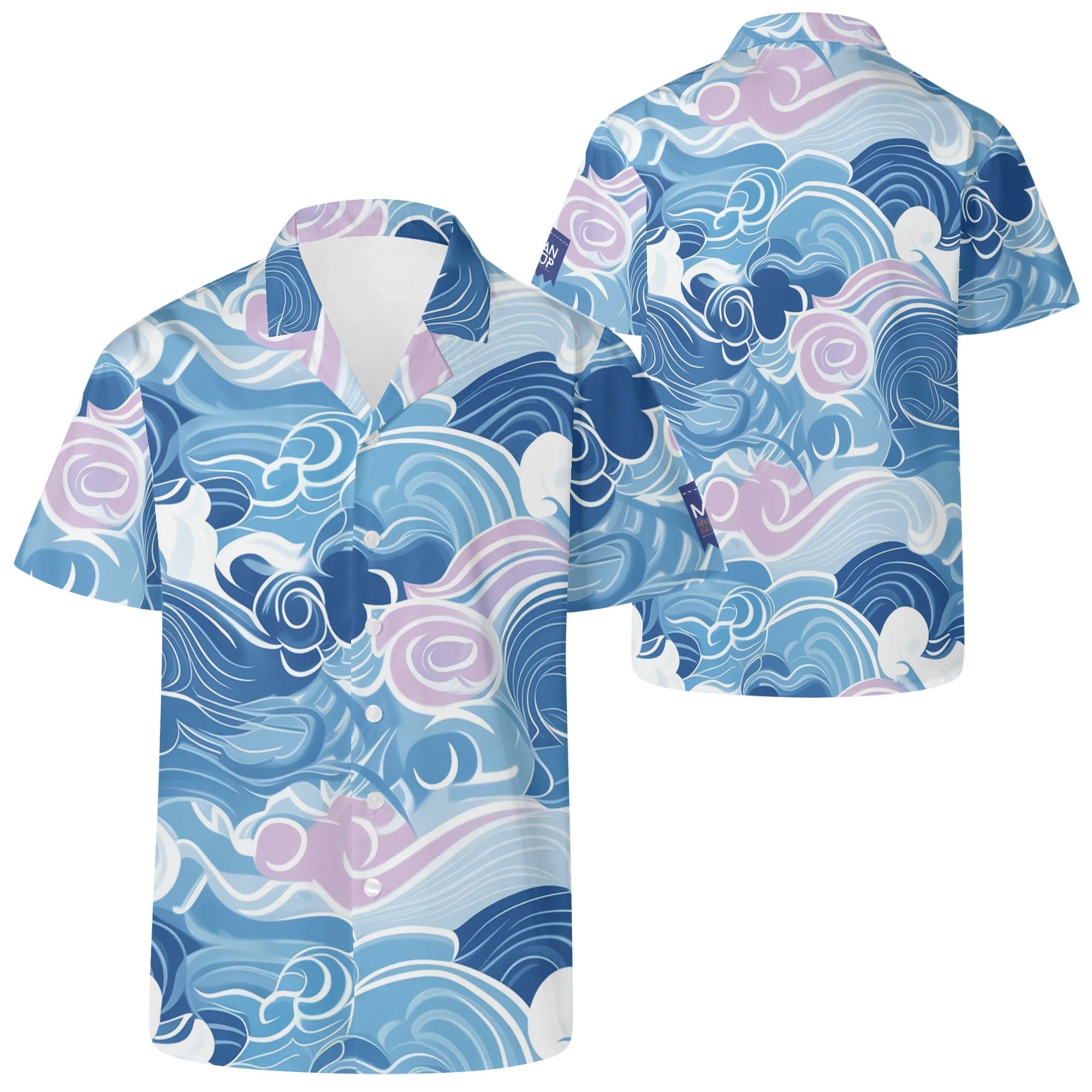Cool Dad Collection: Men’s Blue Waves Short Sleeve Button Down Shirt with Cuban Collar