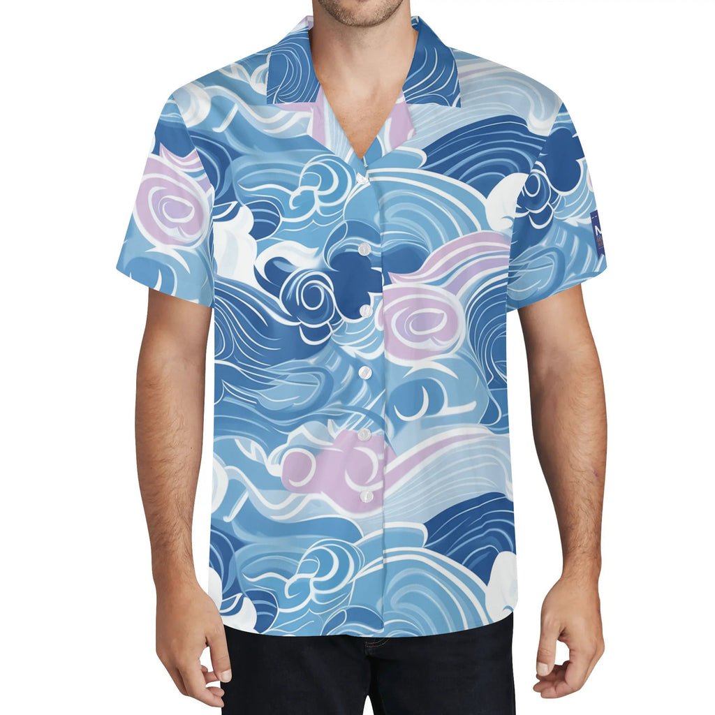 Cool Dad Collection: Men’s Blue Waves Short Sleeve Button Down Shirt with Cuban Collar