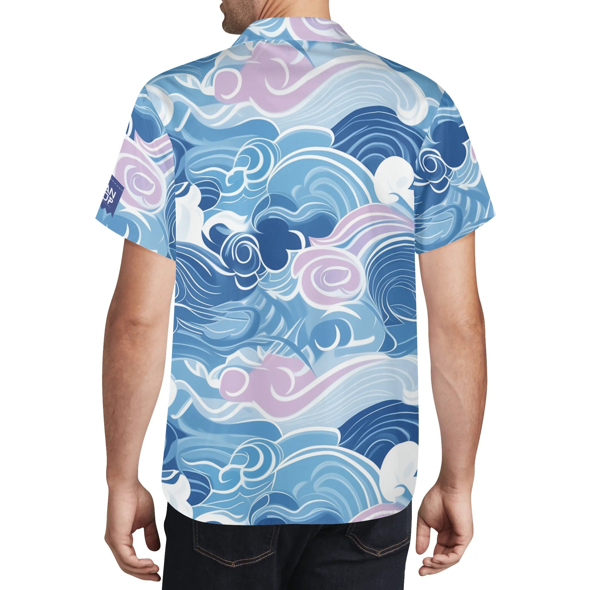 Cool Dad Collection: Men’s Blue Waves Short Sleeve Button Down Shirt with Cuban Collar