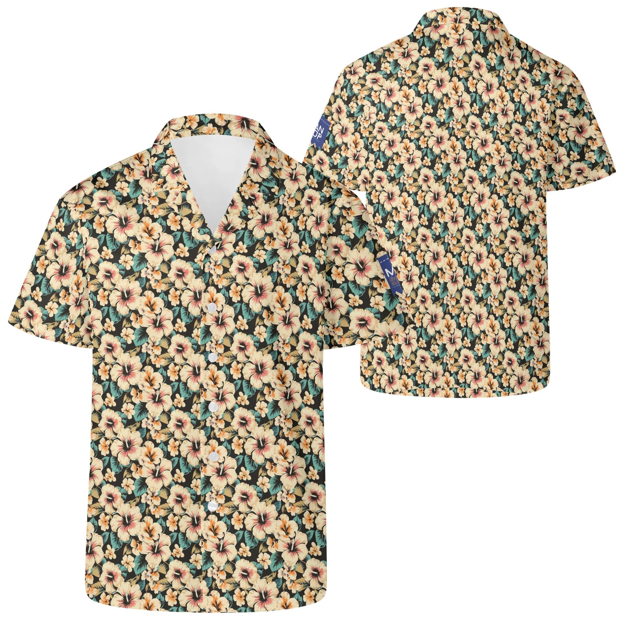 Cool Dad Collection: Mens Yellow Floral Short Sleeve Button Down Shirt with Cuban Collar