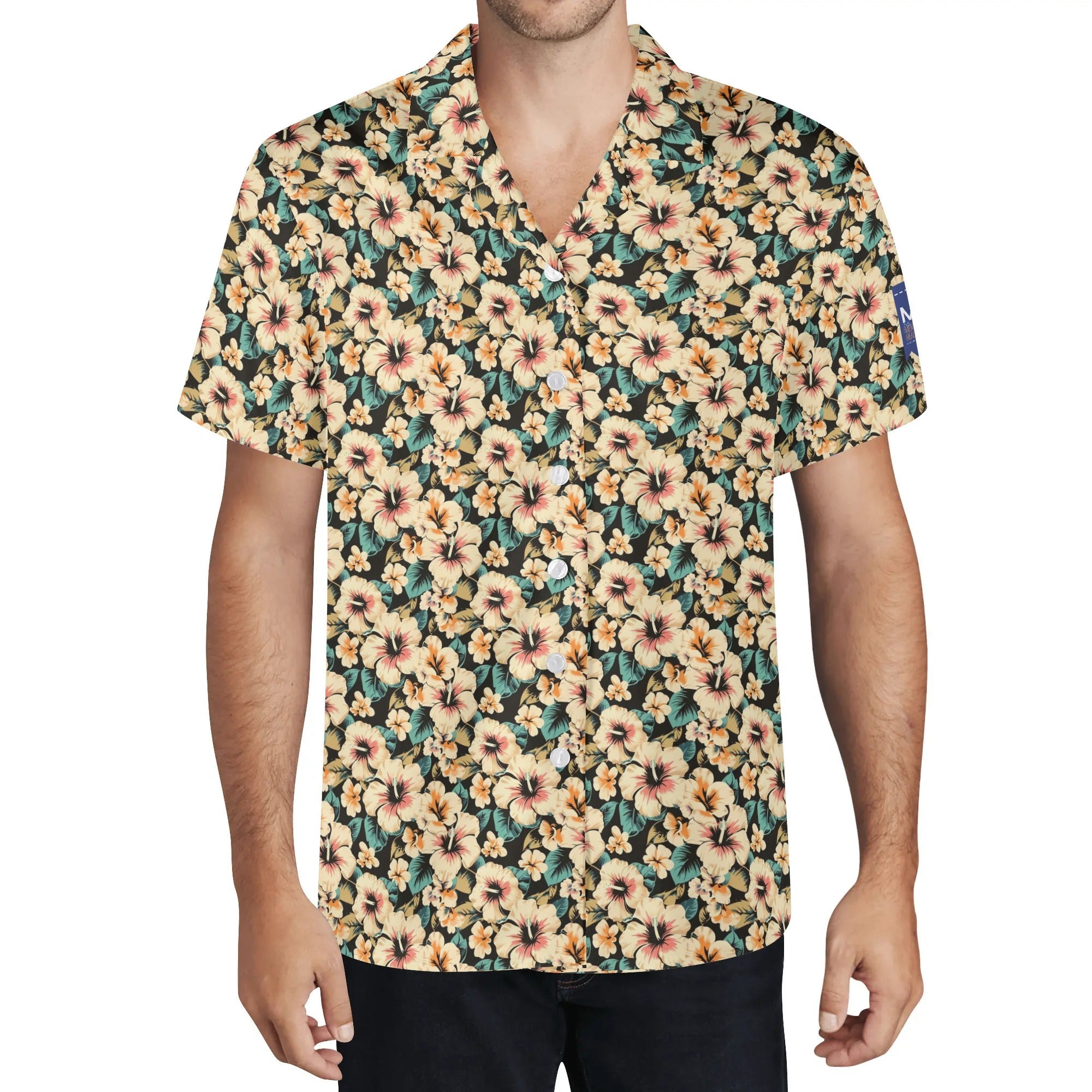 Cool Dad Collection: Mens Yellow Floral Short Sleeve Button Down Shirt with Cuban Collar