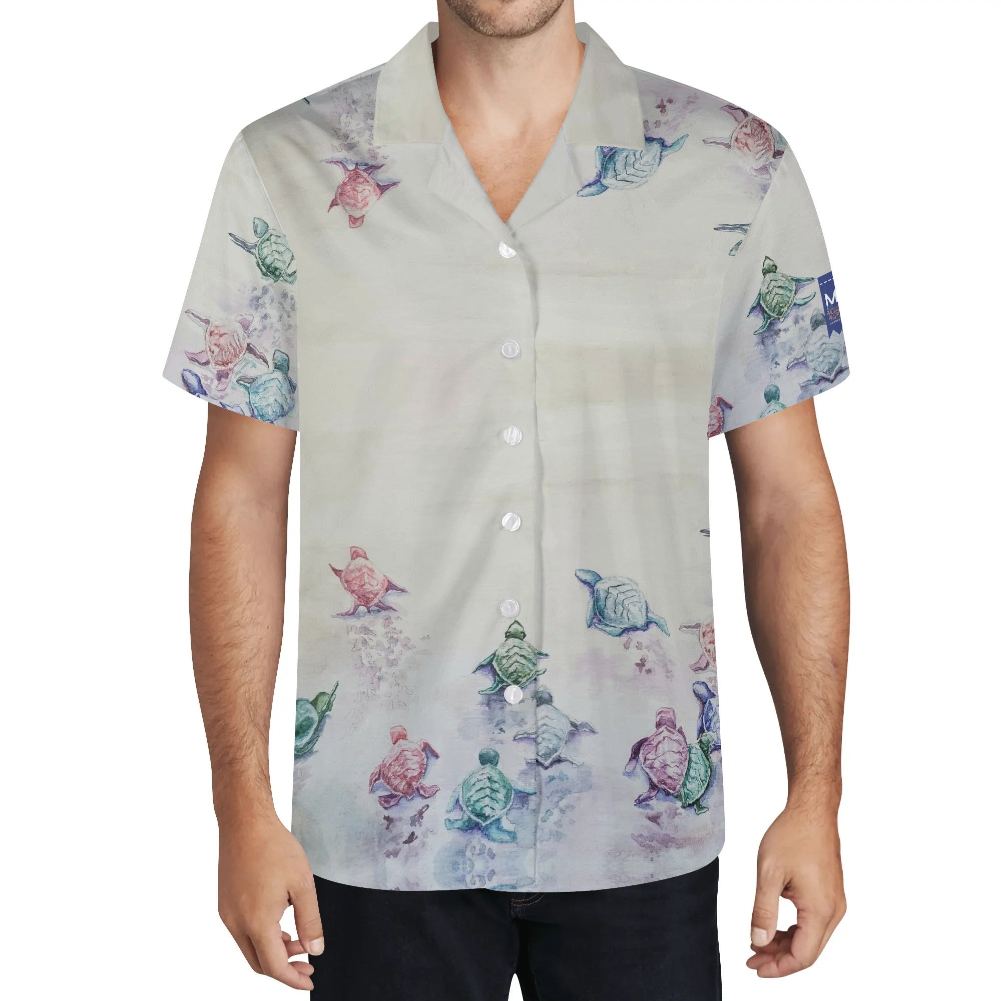 Cool Dad Collection: Men’s Sea Turtles Short Sleeve Button Down Shirt with Cuban Collar