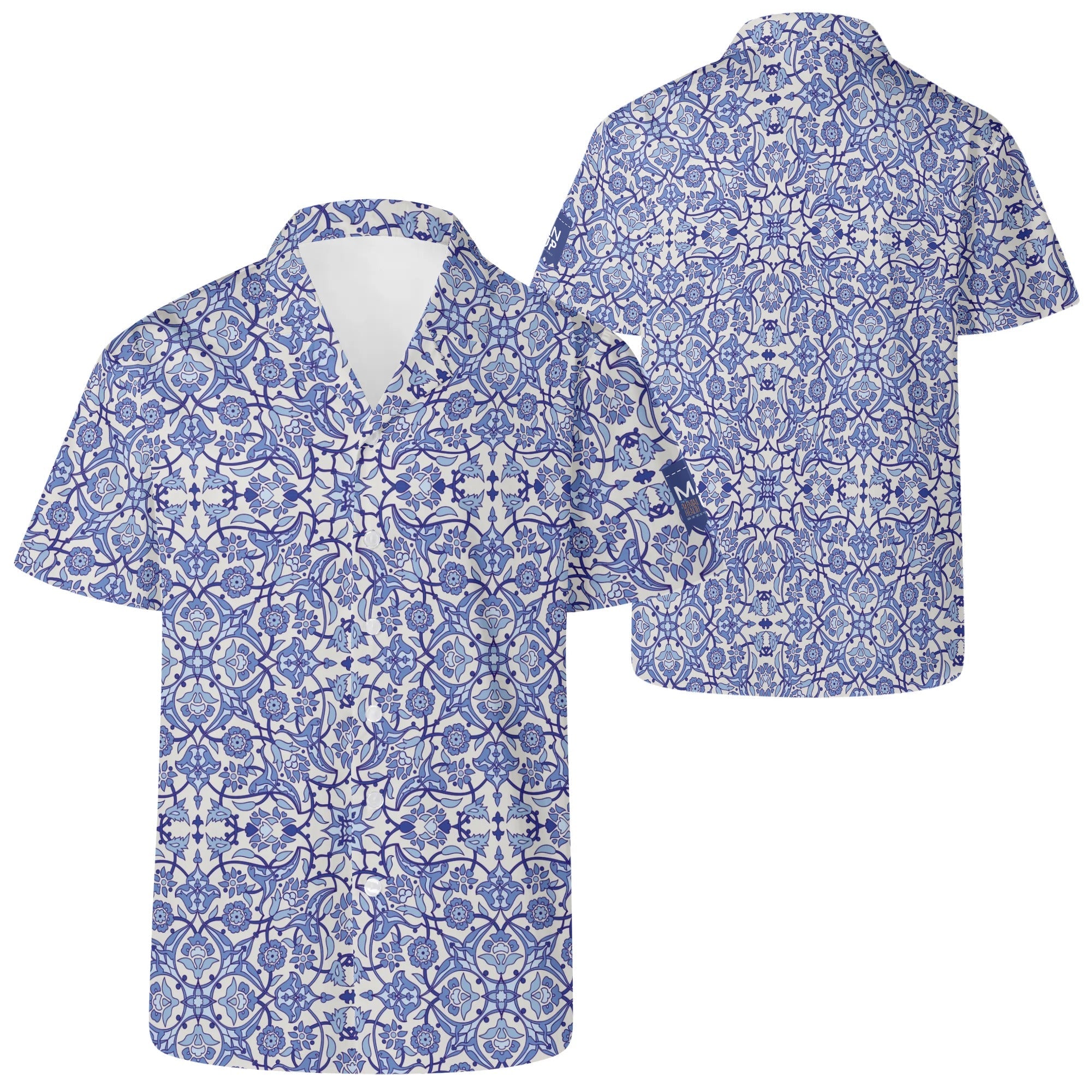 Cool Dad Collection: Mens Blue Kaleidoscope Short Sleeve Button Down Shirt with Cuban Collar