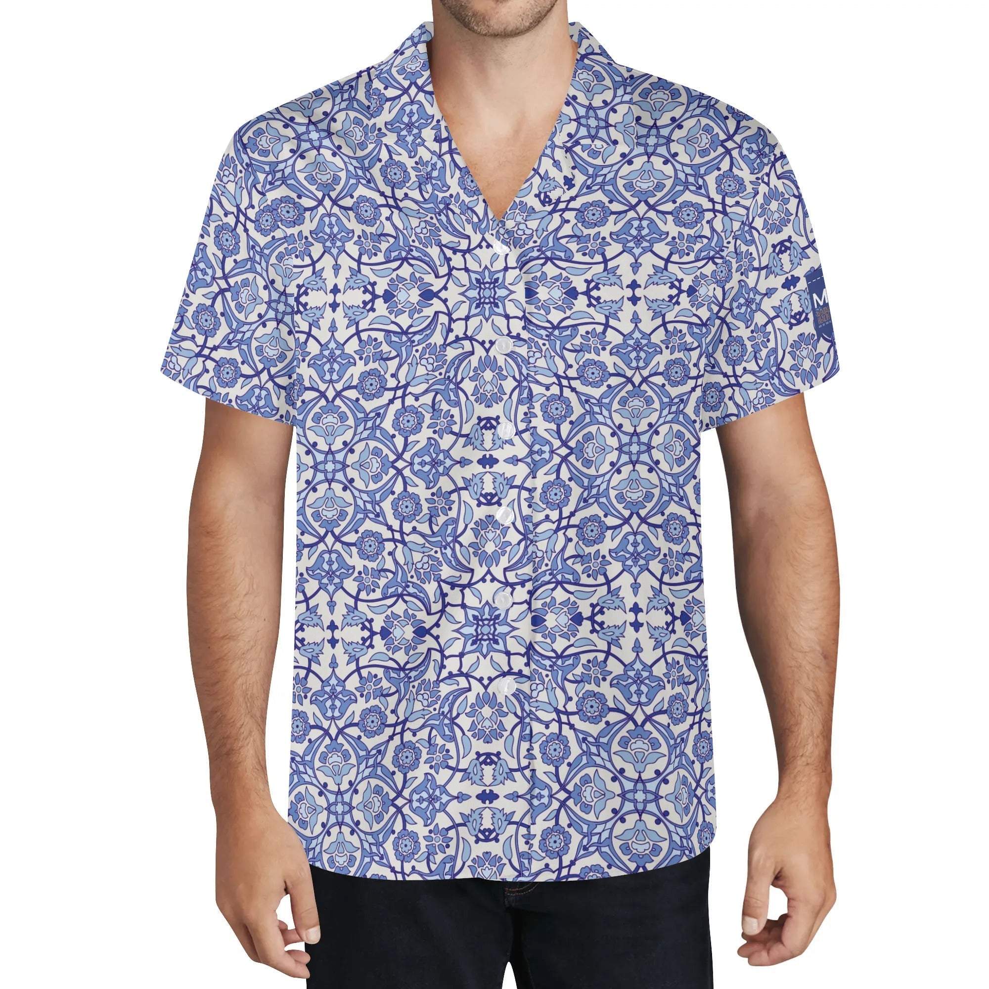 Cool Dad Collection: Mens Blue Kaleidoscope Short Sleeve Button Down Shirt with Cuban Collar