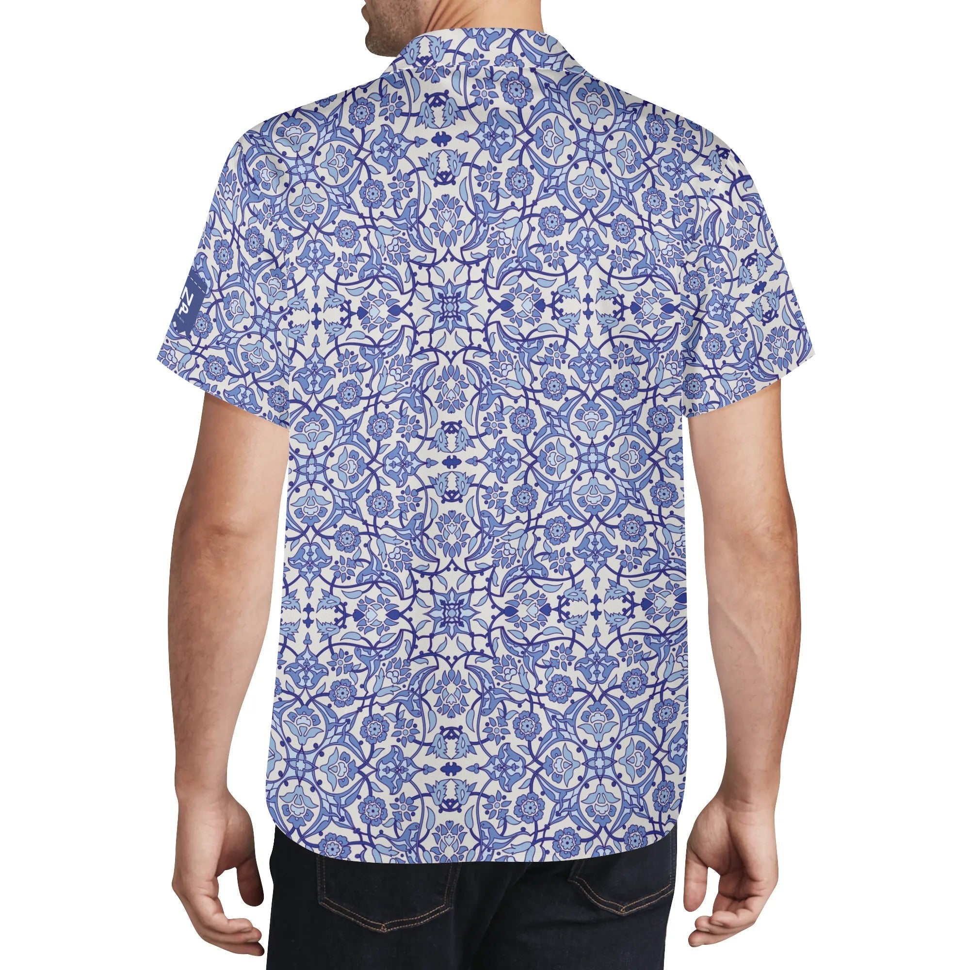 Cool Dad Collection: Mens Blue Kaleidoscope Short Sleeve Button Down Shirt with Cuban Collar