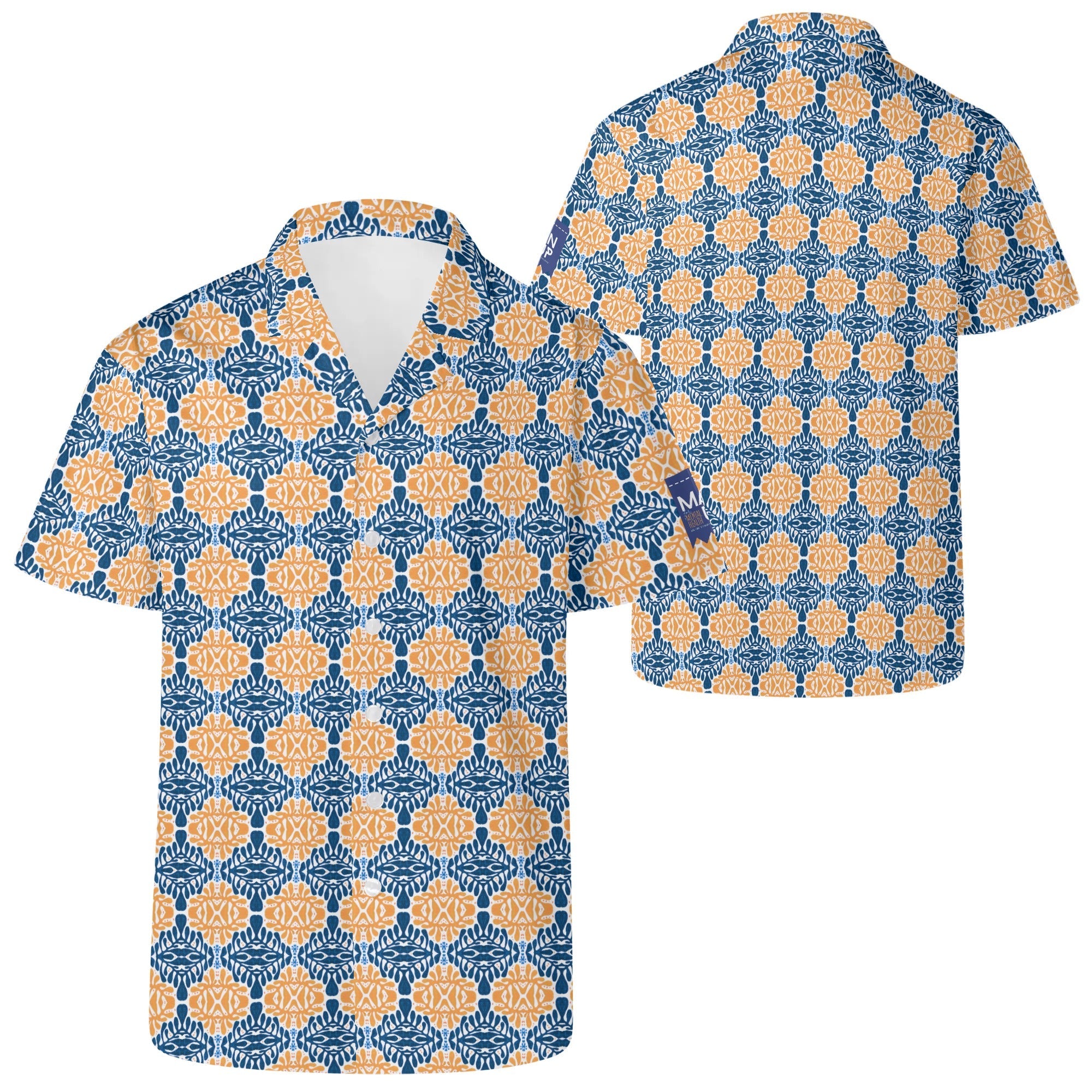 Cool Dad Collection: Mens Blue and Orange Patterned Short Sleeve Button Down Shirt with Cuban Collar