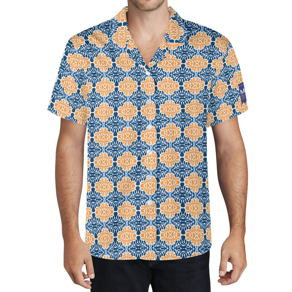 Cool Dad Collection: Mens Blue and Orange Patterned Short Sleeve Button Down Shirt with Cuban Collar