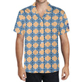 Cool Dad Collection: Mens Blue and Orange Patterned Short Sleeve Button Down Shirt with Cuban Collar