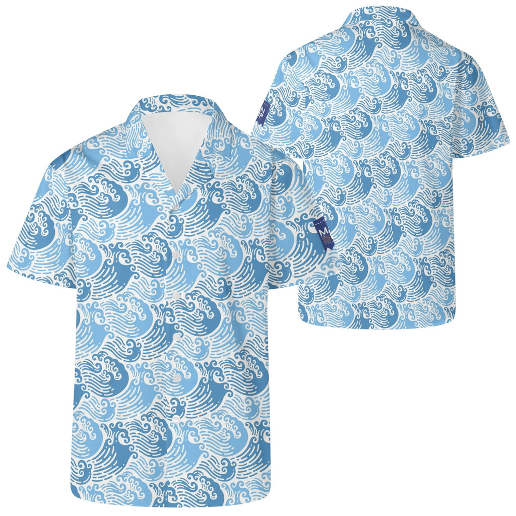 Cool Dad Collection: Men’s Blue Waves 2 Short Sleeve Button Down Shirt with Cuban Collar