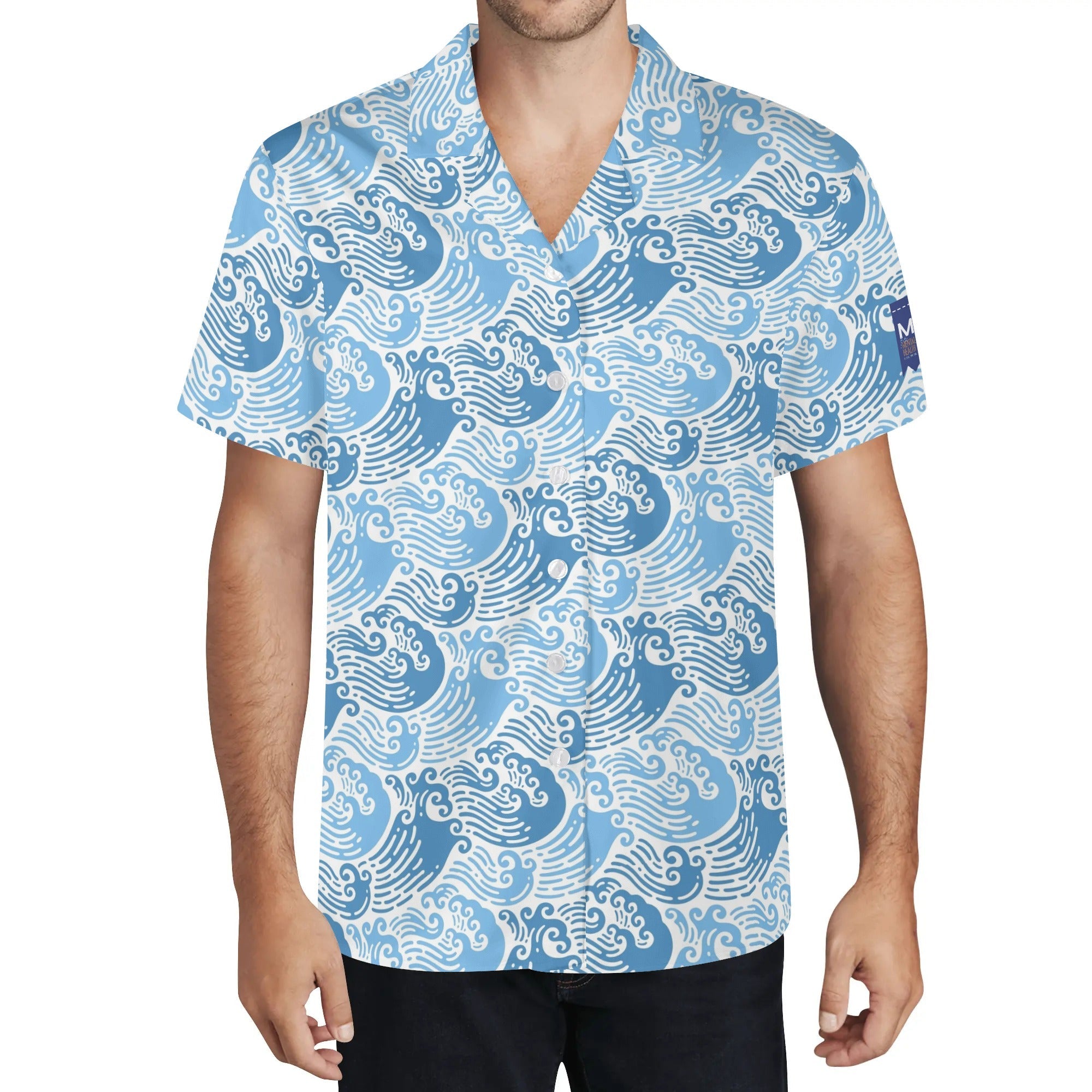 Cool Dad Collection: Men’s Blue Waves 2 Short Sleeve Button Down Shirt with Cuban Collar