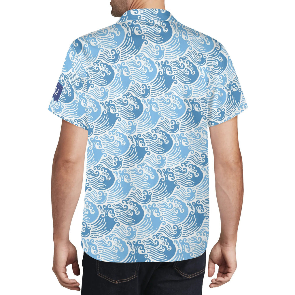 Cool Dad Collection: Men’s Blue Waves 2 Short Sleeve Button Down Shirt with Cuban Collar