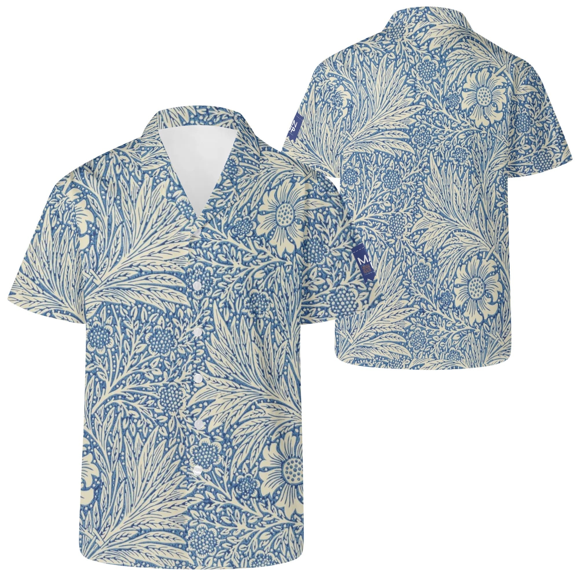 Cool Dad Collection: Men’s Blue Floral Short Sleeve Button Down Shirt with Cuban Collar