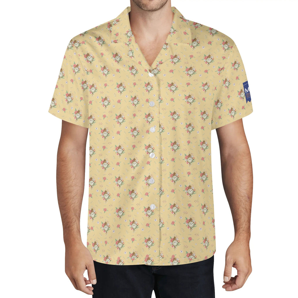 Cool Dad Collection: Men’s Yellow Clocks & Roses Short Sleeve Button Down Shirt with Cuban Collar