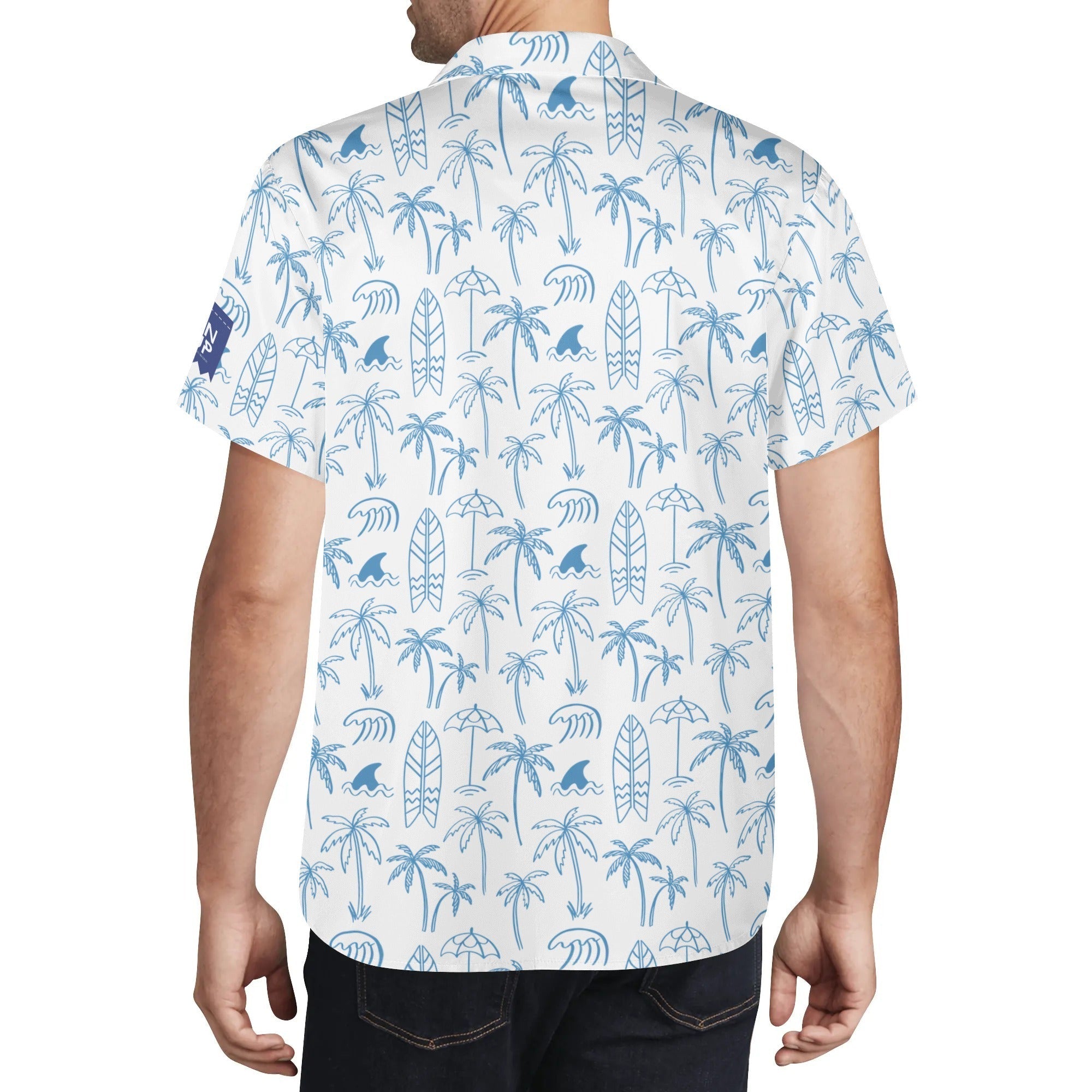 Cool Dad Collection: Men’s Blue and White Surfer Short Sleeve Button Down Shirt with Cuban Collar