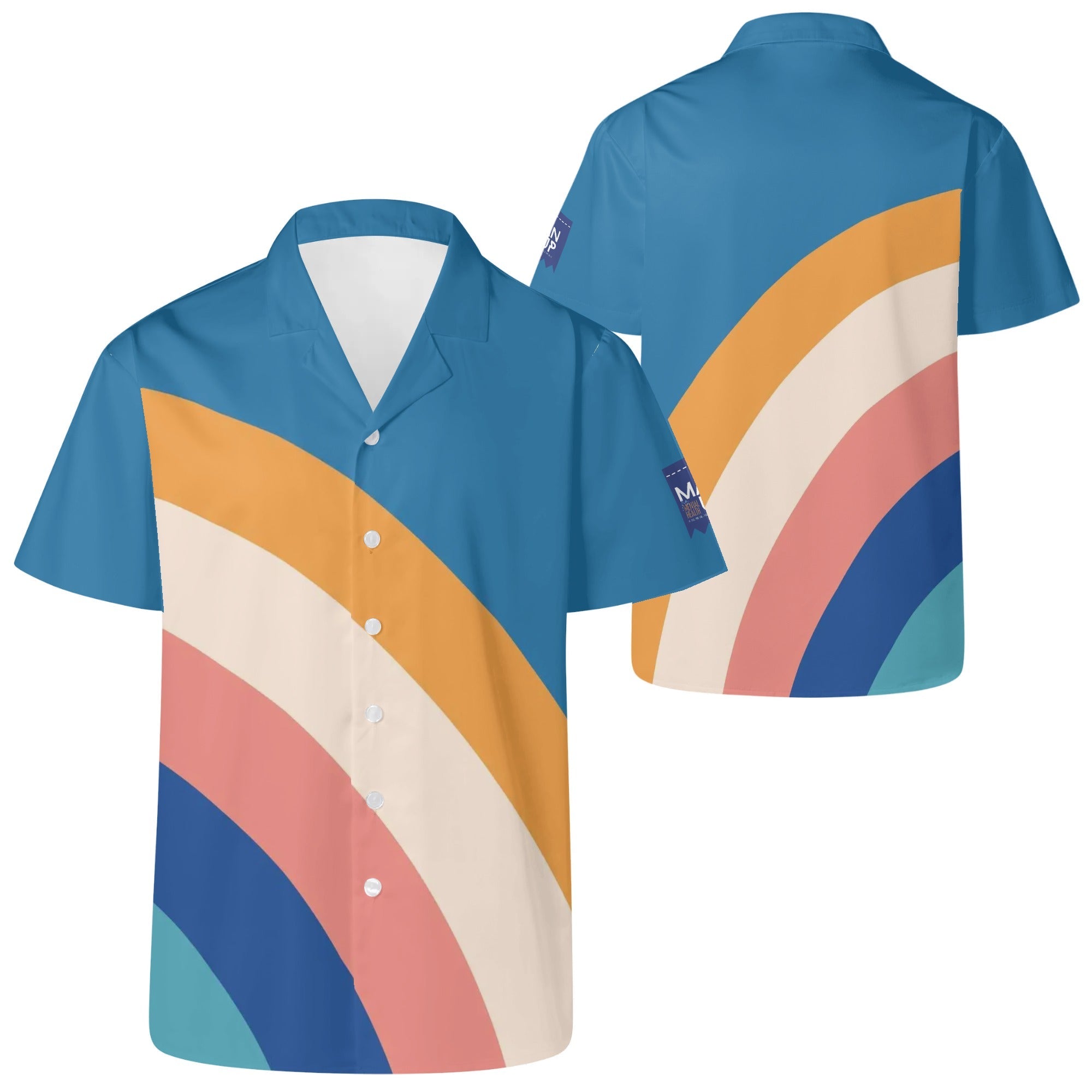 Cool Dad Collection: Men’s Blue Multi-Colored Short Sleeve Button Down Shirt with Cuban Collar