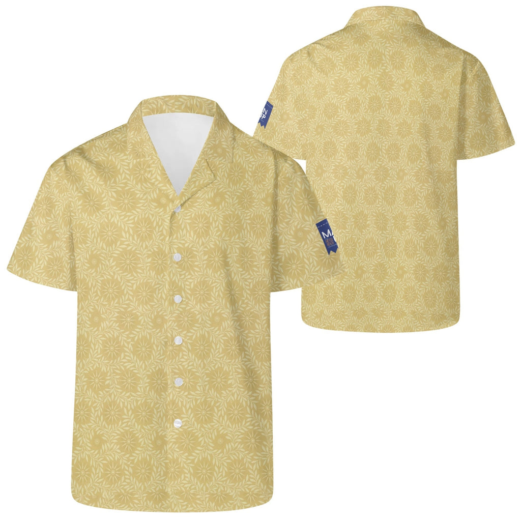 Cool Dad Collection: Men’s Light Yellow Clocks Short Sleeve Button Down Shirt with Cuban Collar