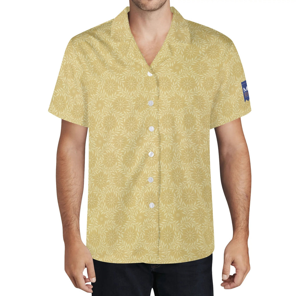 Cool Dad Collection: Men’s Light Yellow Clocks Short Sleeve Button Down Shirt with Cuban Collar