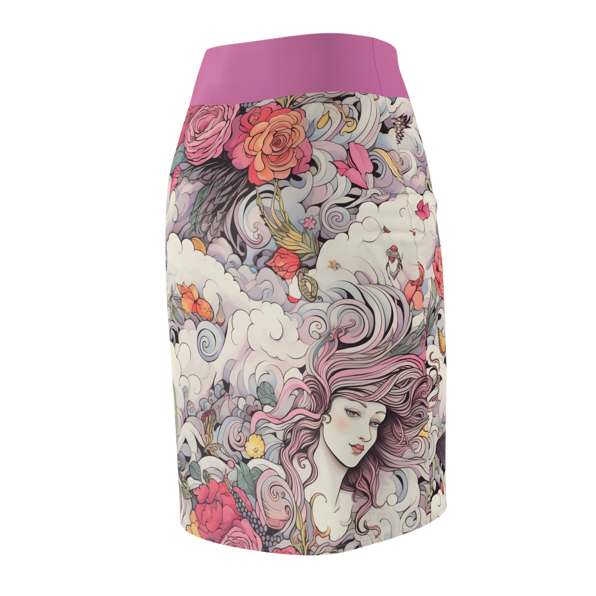 Floral Dreamscape Pencil Skirt — Romantic Art Nouveau Print