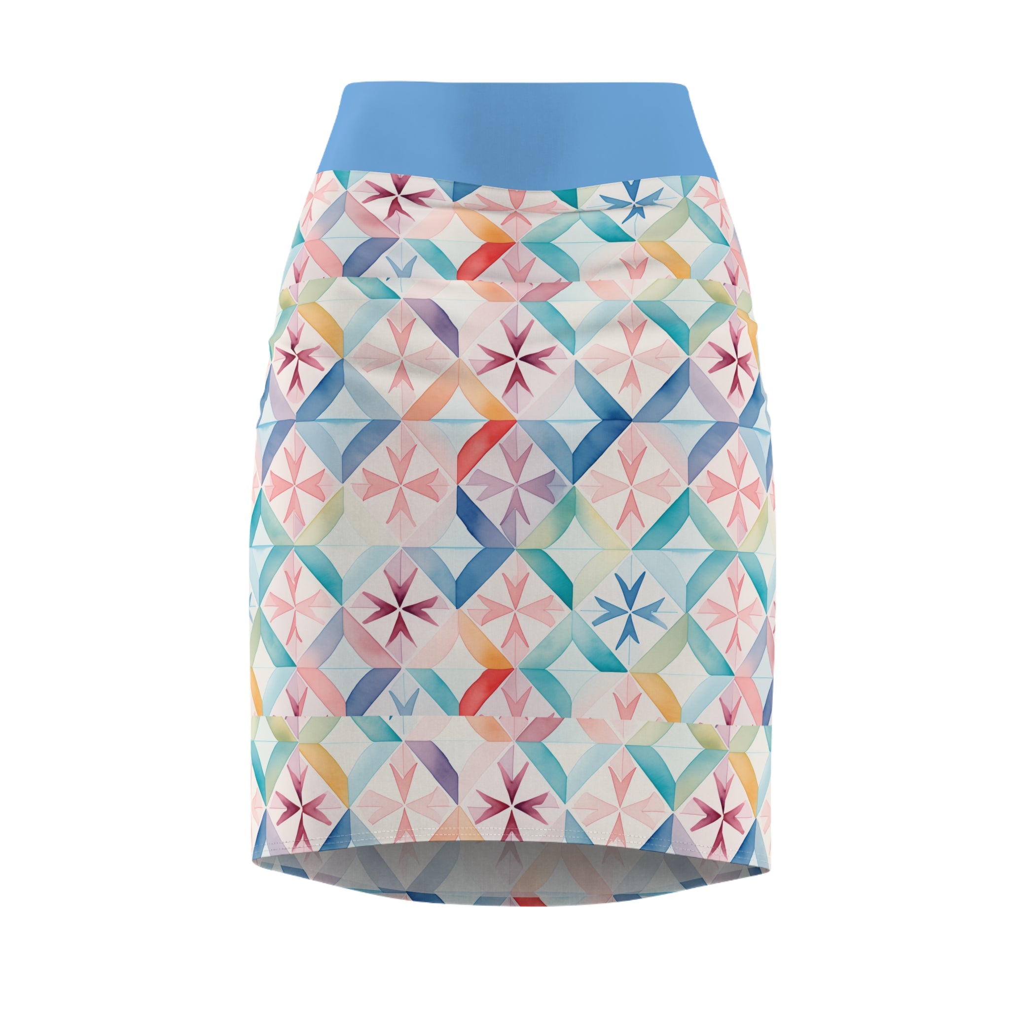 Pastel Geometric Pencil Skirt — Watercolor Tile Print, High-Waist Summer Workwear