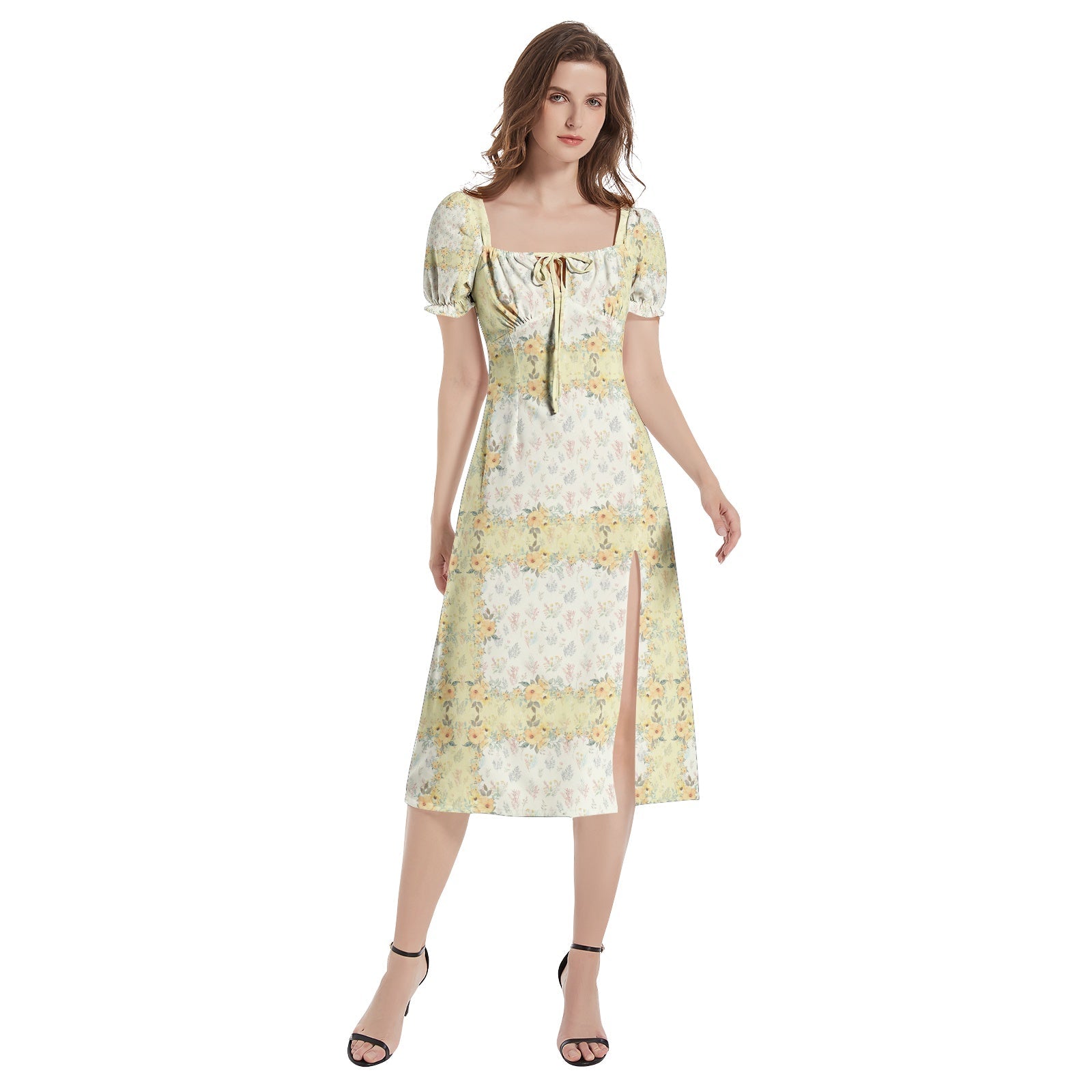 Invisible Ghost Puff Sleeve Split Thigh Midi Dress