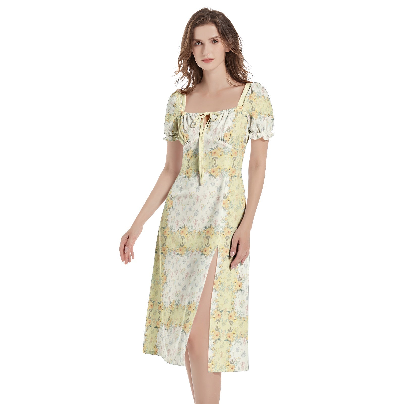 Invisible Ghost Puff Sleeve Split Thigh Midi Dress