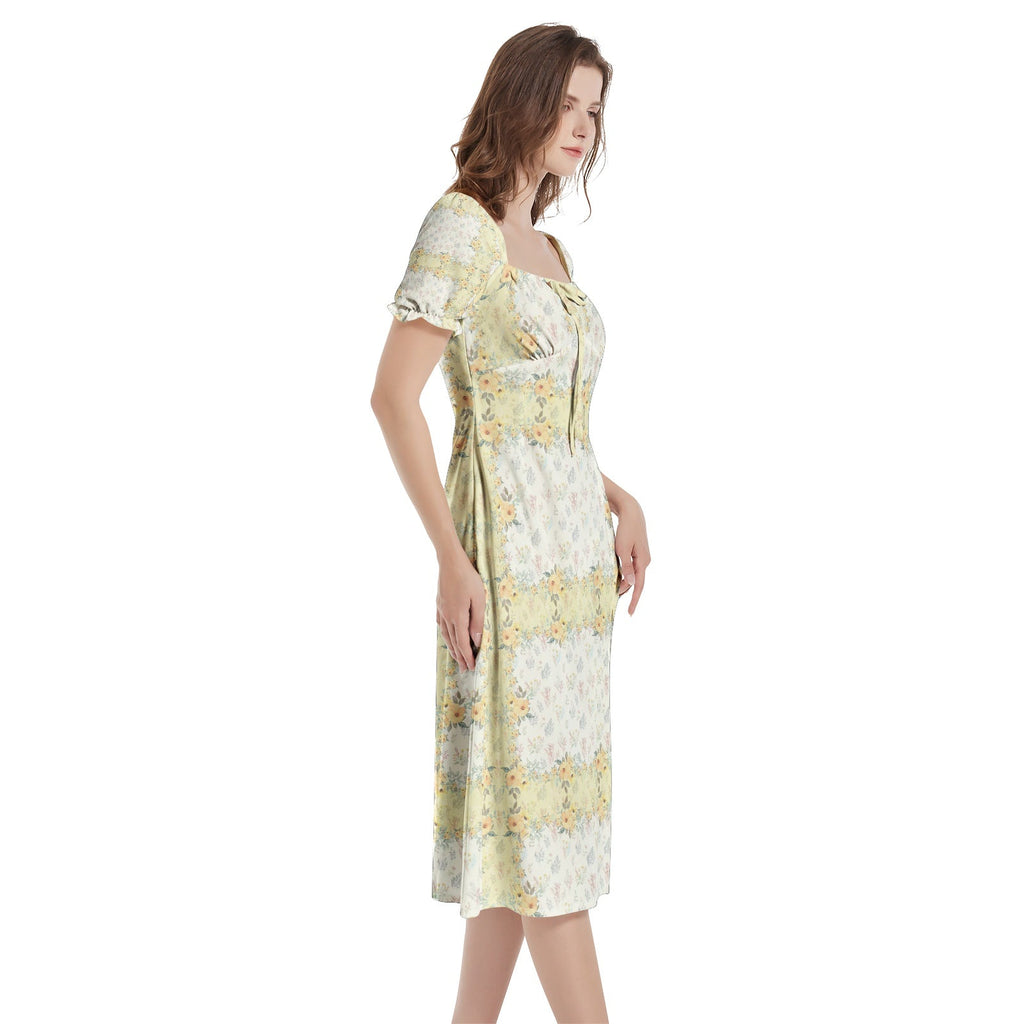 Invisible Ghost Puff Sleeve Split Thigh Midi Dress